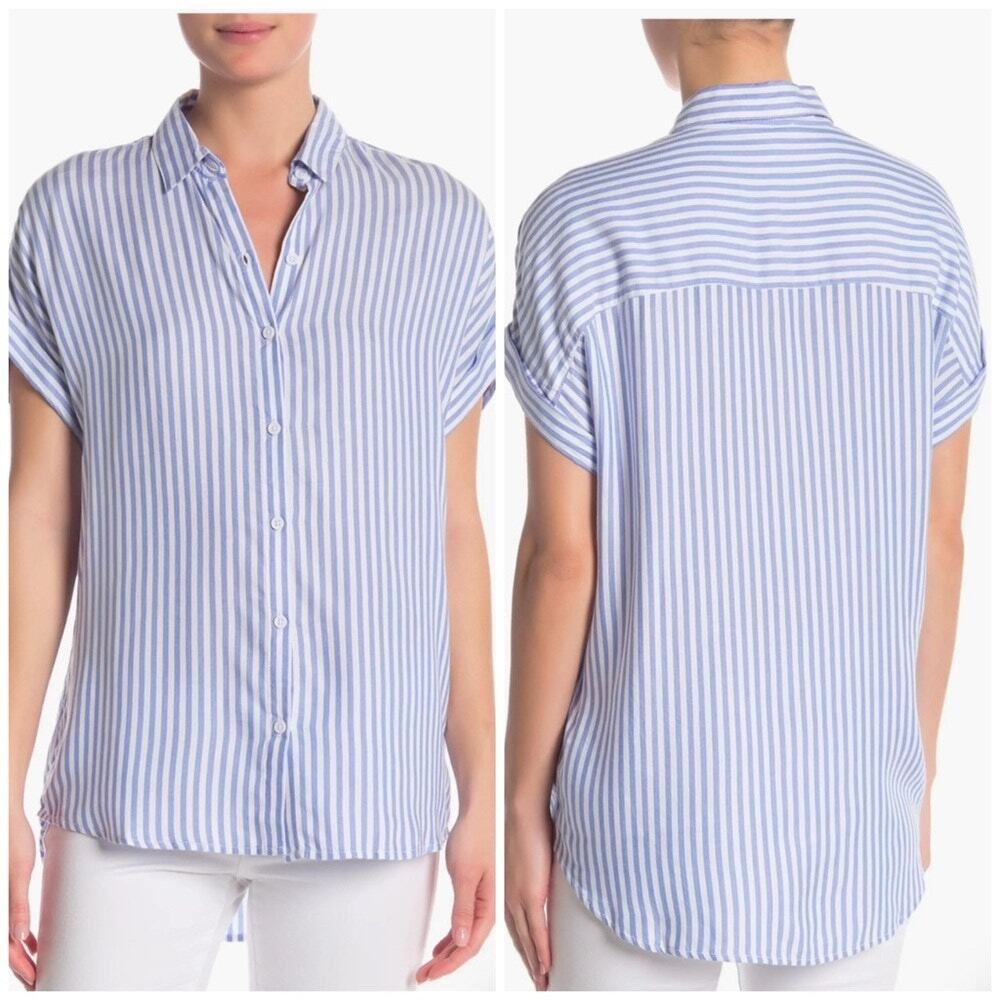 BeachLunchLounge Kenzie Cuffed Short Striped Button-Down Shirt – Blue/White – XL